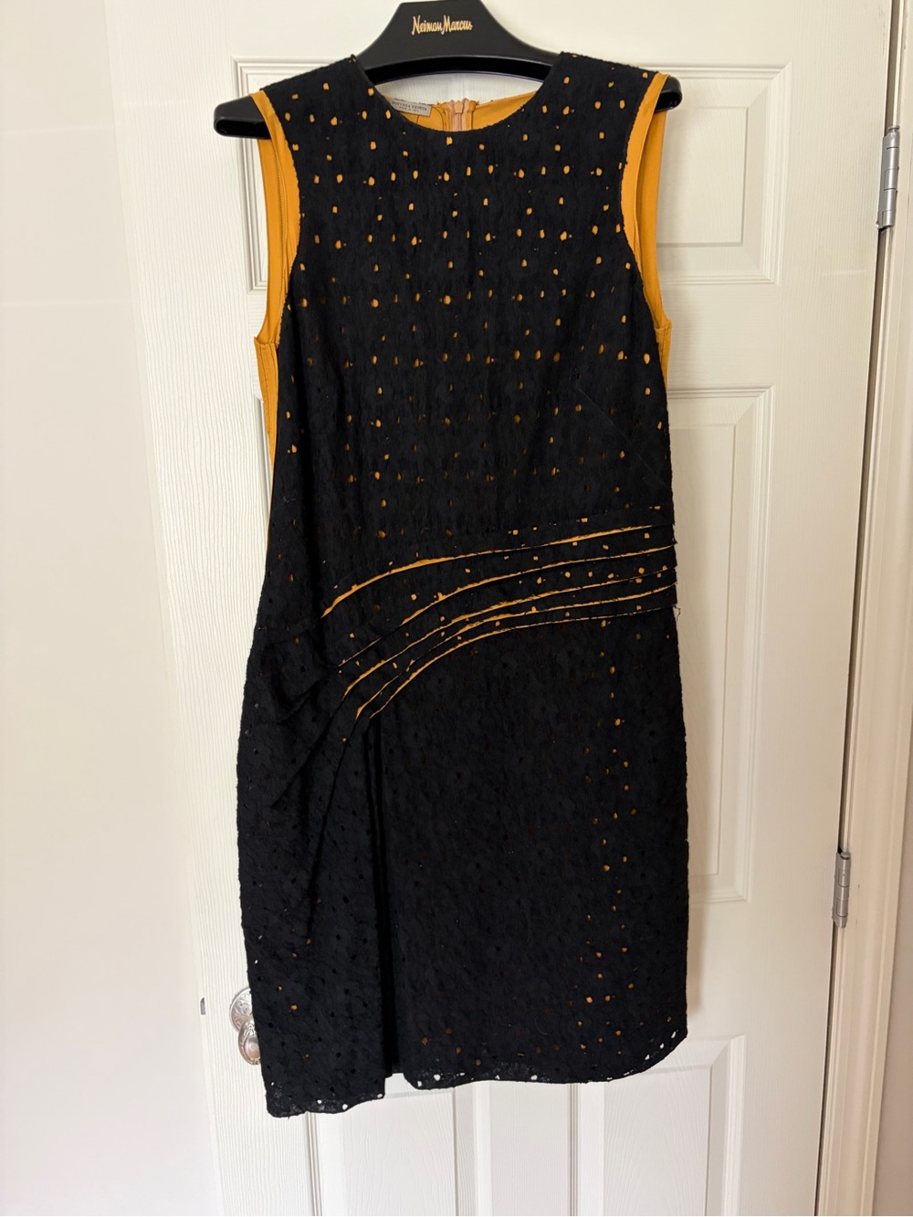 Bottega Veneta Black Eyelet Midi Dress with Mustard Underlay